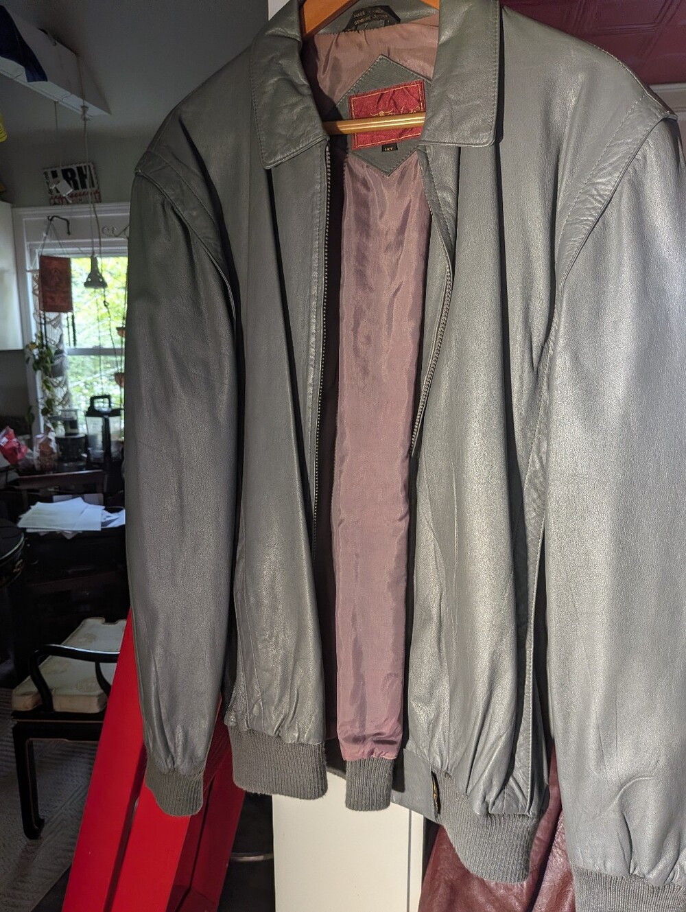 Sergio Valente Gray Leather Bomber Jacket with Mauve Lining